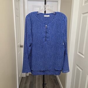 Reitmans Blue Printed Zip Neck Blouse | Long Sleeve Casual Work Office Top